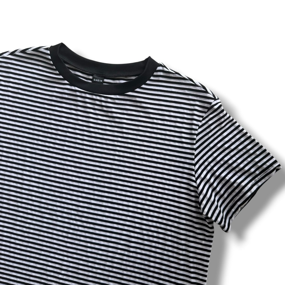 SHEIN Women M Black White Striped Short Sleeve Crew Neck T-Shirt Grunge Chic Y2K